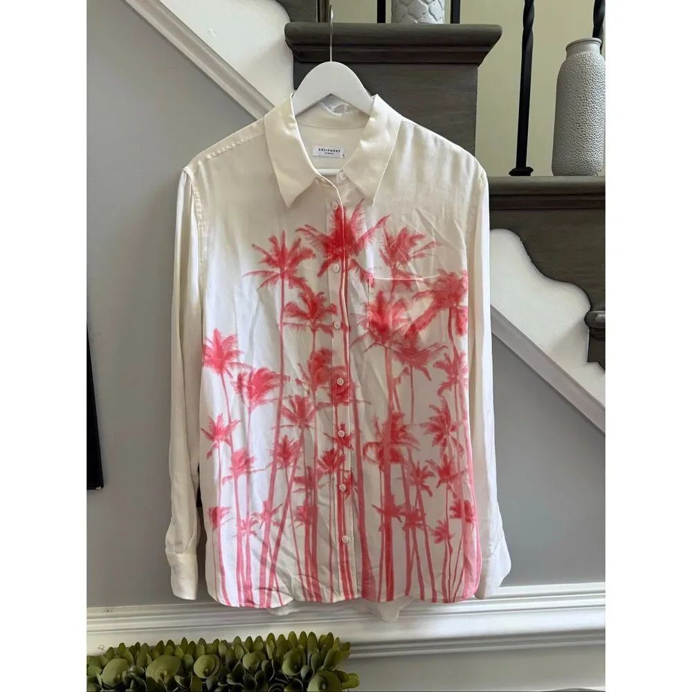 Equipment Femme 100% Silk Cream w/ Pink Palm Tree Blouse sz L EUC